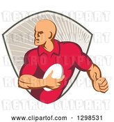 Vector Clip Art of Retro Male Rugby Player Running in a Taupe Ray Shield by Patrimonio
