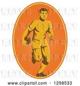 Vector Clip Art of Retro Male Rugby Player Running in an Orange Sunshine Oval by Patrimonio