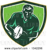 Vector Clip Art of Retro Male Rugby Player with the Ball Inside a Yellow Green and White Shield by Patrimonio