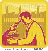 Vector Clip Art of Retro Male Scientist Looking into a Microscope with a Factory in the Background by Patrimonio