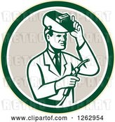 Vector Clip Art of Retro Male Scientist Welding in a Yellow Green White and Taupe Circle by Patrimonio