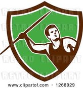 Vector Clip Art of Retro Male Track and Field Javelin Thrower in a Brown White and Green Shield by Patrimonio