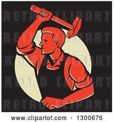 Vector Clip Art of Retro Male Worker Hammering in Red, Black and Yellow by Patrimonio