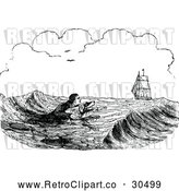 Vector Clip Art of Retro Man and Dog Swimming near a Ship at Sea by Prawny Vintage