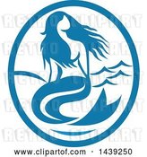 Vector Clip Art of Retro Mermaid Siren in a Blue and White Oval by Patrimonio