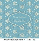 Vector Clip Art of Retro Merry Christmas and a Happy New Year Greeting in a Frame over a Beige and Blue Snowflake Pattern by KJ Pargeter