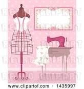 Vector Clip Art of Retro Metal Frame Mannequin by a Sewing Machine and Dress Fabric in a Pink Room by BNP Design Studio