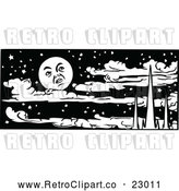 Vector Clip Art of Retro Moon over Mountains and Clouds in a Night Sky by Prawny Vintage