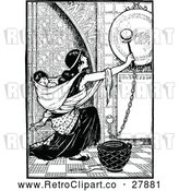 Vector Clip Art of Retro Mother Ringing a Gong with a Baby on Her Back by Prawny Vintage