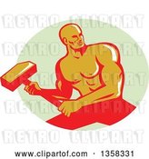 Vector Clip Art of Retro Muscular Male Bodybuilder Athlete Swinging a Sledgehammer in a Pastel Green Oval by Patrimonio