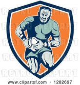 Vector Clip Art of Retro Muscular Male Rugby Player Running in a Blue White and Orange Shield by Patrimonio