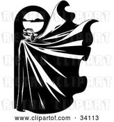Vector Clip Art of Retro Mysterious Male Vampire Standing Below a Full Moon with His Cape Flapping in the Wind by Lawrence Christmas Illustration