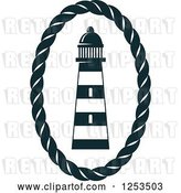 Vector Clip Art of Retro Navy Blue Lighthouse in a Rope Oval by Vector Tradition SM