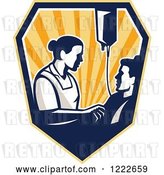 Vector Clip Art of Retro Nurse Tending to a Patient with an Iv Drip in a Shield of Rays by Patrimonio