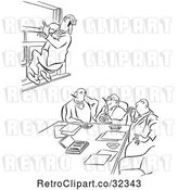 Vector Clip Art of Retro Office Worker Guy Leaping out a Window at a Meeting by Picsburg