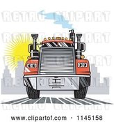 Vector Clip Art of Retro Orange Big Rig Truck Leaving a City by Patrimonio