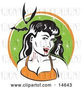 Vector Clip Art of Retro Pale, Black Haired Female Vampire with Blood Dripping off of Her Fanges and onto Her Chin, Showing the Bite Marks on Her Neck While Two Bats Fly Above by Andy Nortnik