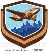 Vector Clip Art of Retro Passenger DC10 Airplane Flying over a City in a Shield by Patrimonio