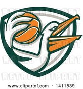 Vector Clip Art of Retro Pelican Bird Holding a Basketball in a Green White and Gray Shield by Patrimonio