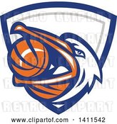 Vector Clip Art of Retro Pelican Bird Holding a Basketball in His Beak, in a Blue White and Gray Shield by Patrimonio
