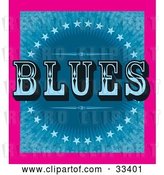 Vector Clip Art of Retro Pink Border Around a Background of Blue Stars and Bursts with BLUES Text by