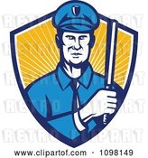 Vector Clip Art of Retro Police Officer Holding a Baton in a Shield or Rays by Patrimonio