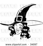 Vector Clip Art of Retro Pretty Young Witch with Black Wavy Hair, Wearing a Pointy Hat and Flashing a Flirty Expression at the Viewer by Lawrence Christmas Illustration