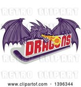 Vector Clip Art of Retro Purple Fire Breathing Dragon and a Ball over Text and Hockey Stick by Patrimonio