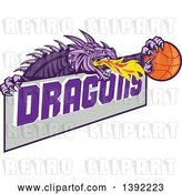 Vector Clip Art of Retro Purple Fire Breathing Dragon Holding a Basketball over Text by Patrimonio