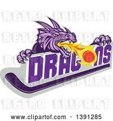 Vector Clip Art of Retro Purple Fire Breathing Dragon over Text, a Puck and Hockey Stick by Patrimonio