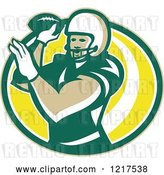 Vector Clip Art of Retro Quaterback American Football Player Passing over an Oval by Patrimonio