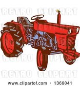 Vector Clip Art of Retro Red and Blue Woodcut Farm Tractor by Patrimonio