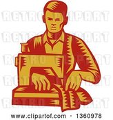 Vector Clip Art of Retro Red and Yellow Woodcut Male Tailor Operating a Sewing Machine by Patrimonio