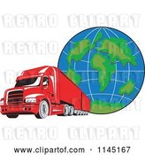 Vector Clip Art of Retro Red Big Rig Truck and Globe 2 by Patrimonio