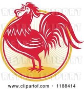 Vector Clip Art of Retro Red Crowing Rooster over a Sunrise Circle by Patrimonio