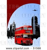 Vector Clip Art of Retro Red Double Decker Bus near City Buildings Under a Plane by
