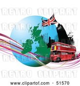 Vector Clip Art of Retro Red Double Decker Bus Passing Big Ben, on an Urban Circle with Continents and Waves by