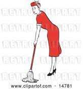 Vector Clip Art of Retro Red Haired Housewife or Maid Lady in a Long Red Dress and High Heels Using a Mop to Clean the Floors by Andy Nortnik