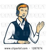 Vector Clip Art of Retro Red Haired White Female Call Center Worker Waving and Wearing a Headset by Patrimonio