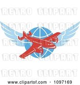 Vector Clip Art of Retro Red Jumbo Jet Propeller Airplane over a Winged Globe by Patrimonio