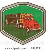 Vector Clip Art of Retro Red Logging Truck Hauling Logs in a Gray, Brown White and Green Shield by Patrimonio