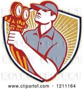 Vector Clip Art of Retro Refrigeration Mechanic Holding Temperature Gauges over a Shield of Rays by Patrimonio