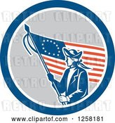 Vector Clip Art of Retro Revolutionary Soldier with an American Betsy Ross Flag in a Blue White and Gray Circle by Patrimonio