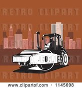 Vector Clip Art of Retro Road Roller Tractor in a Brown City by Patrimonio
