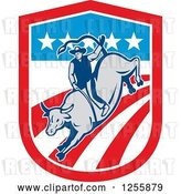 Vector Clip Art of Retro Rodeo Cowboy on a Bull in an American Flag Shield by Patrimonio