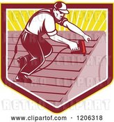 Vector Clip Art of Retro Roofer Worker Guy Using a Nail Gun over a Ray Crest Shield by Patrimonio