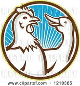 Vector Clip Art of Retro Rooster and Goose in a Circle of Blue Sunshine by Patrimonio