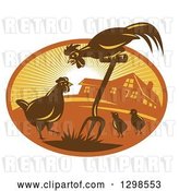 Vector Clip Art of Retro Rooster, Hen and Chicks with a Pitchfork by a Farm House in a Sunshine Oval by Patrimonio
