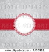 Vector Clip Art of Retro Round Christmas Frame and Red Ribbon over Gray Snowflakes by KJ Pargeter