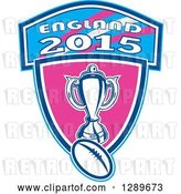 Vector Clip Art of Retro Rugby Ball and Trophy over a Pink and Blue England 2015 Shield by Patrimonio